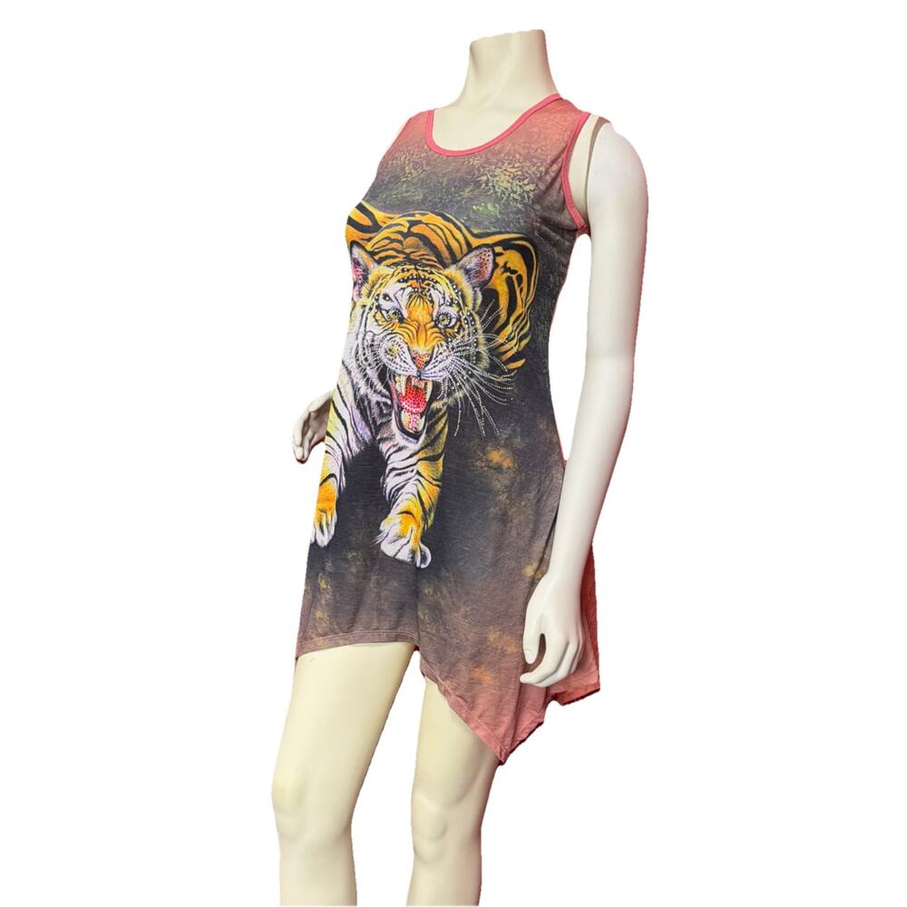 Y2K Tiger Dress Shirt Bling Sleeveless Sz Med Mesh‎ Back Rhinestones Beach Cover - Picture 10 of 14